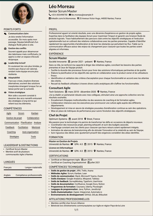 CV de Léo Moreau, un professionnel expérimenté en gestion de projet Agile.