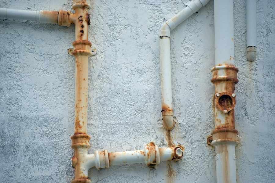 Canalisations murales entartrées et rouillées nécessitant un détartrage naturel.