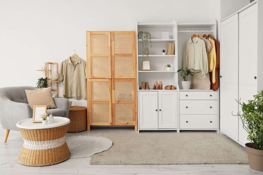 Dressing sur mesure moderne et fonctionnel. Dressing sur mesure moderne avec rangements ouverts et mobilier en bois clair.