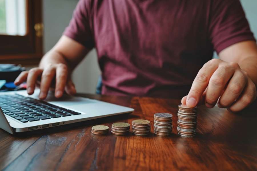 Personne utilisant un ordinateur et comptant des pièces pour apprendre à financer sa formation.