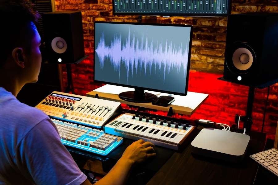 Créer une production musicale sur smartphone et ordinateur Un producteur crée une production musicale sur smartphone et ordinateur dans un studio coloré.
