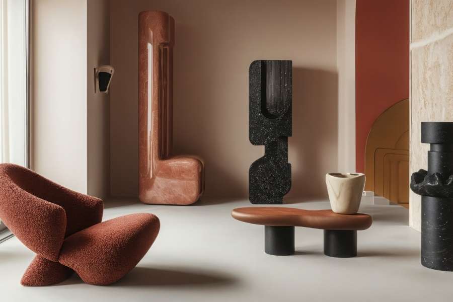 Design d’intérieur et vannerie moderne. Intérieur contemporain avec meubles sculpturaux inspirés de la vannerie moderne.