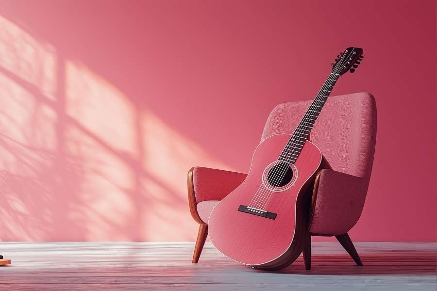 Une première guitare acoustique rose posée sur un fauteuil moderne dans une pièce lumineuse.