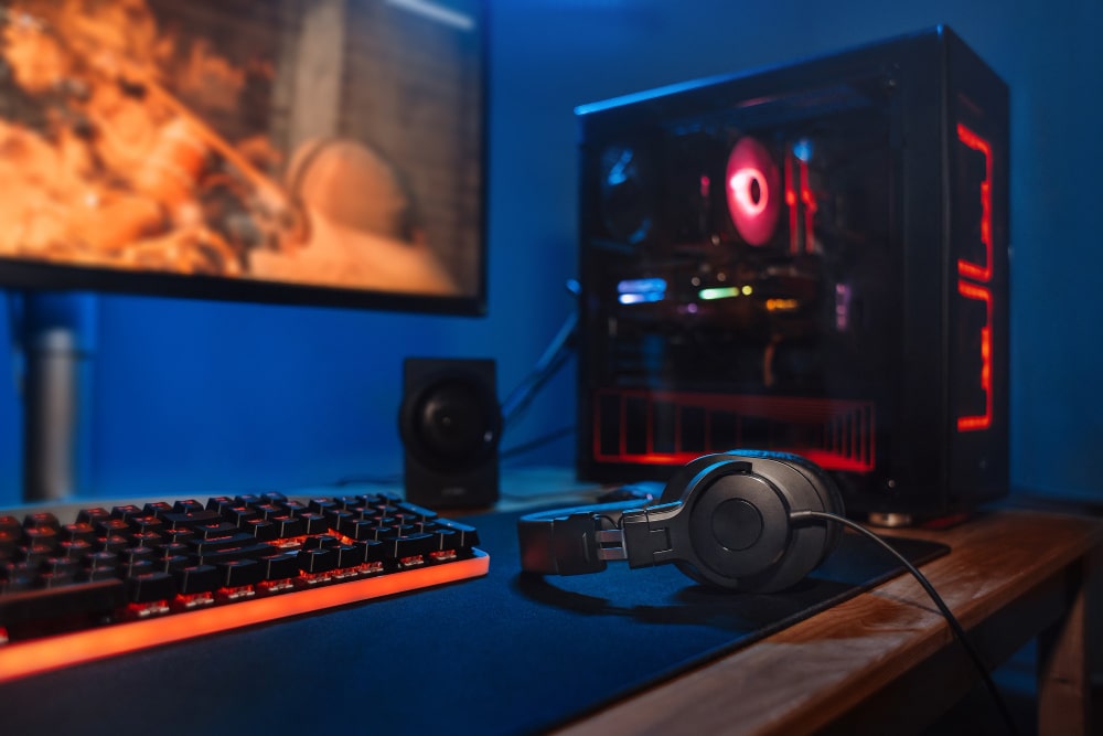 Gros plan sur une tour d’ordinateur, un clavier mécanique et un casque, un setup pc gamer maroc éclairé en rouge.