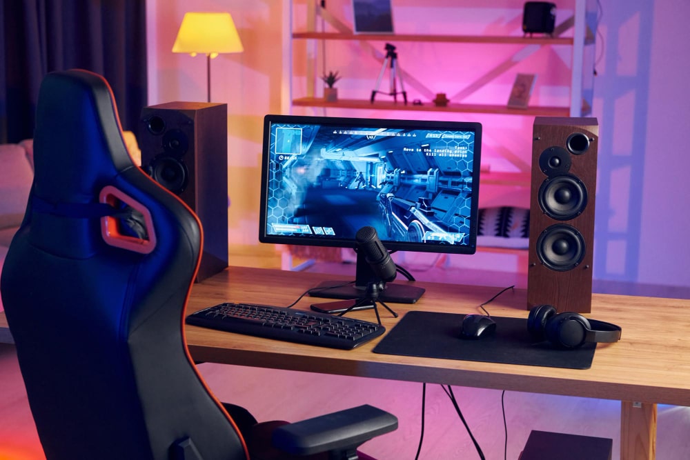 Configuration de bureau de jeu haut de gamme Fauteuil ergonomique devant un écran de jeu et deux grandes enceintes, idéal pour un setup pc gamer maroc complet.