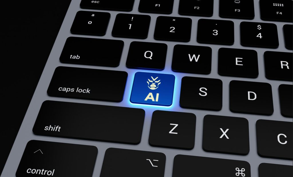 Clavier d'ordinateur moderne avec une touche lumineuse bleue affichant un logo et le texte "AI", symbolisant les dernières news intelligence artificielle.