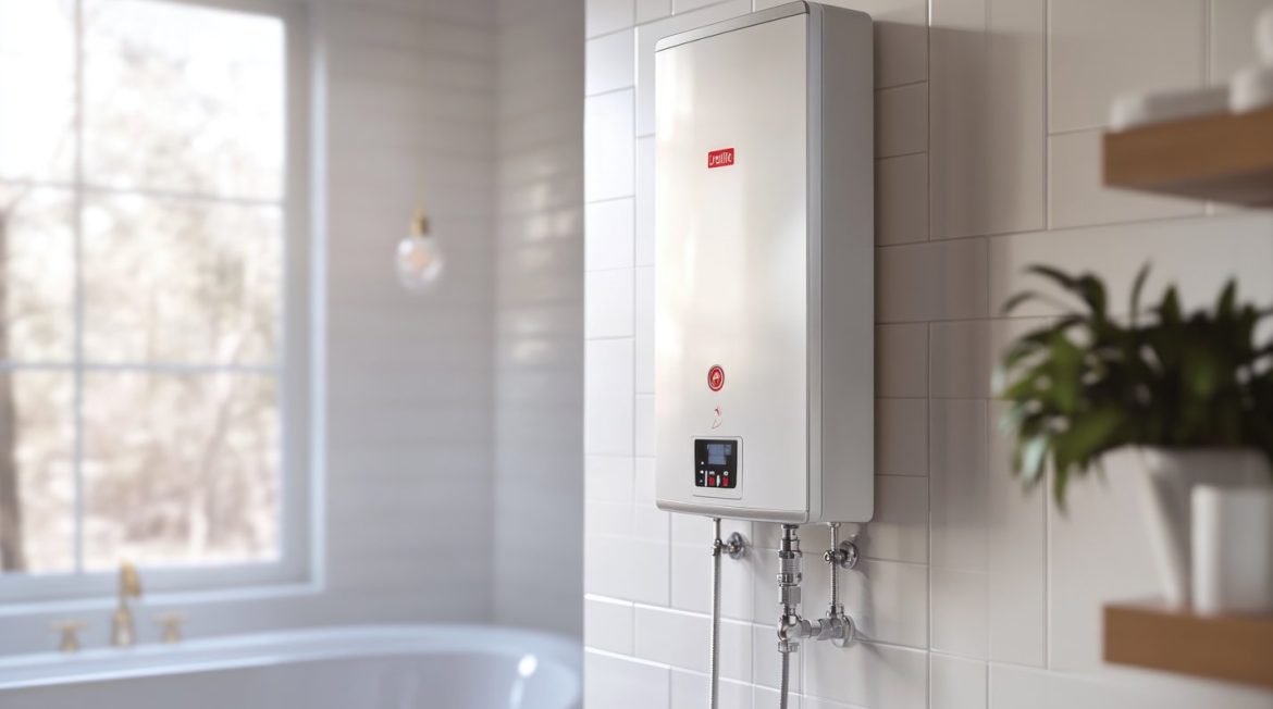 Une chaudière murale blanche installée dans une pièce carrelée, illustrant le principe chaudière condensation chauffage.