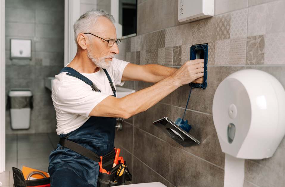 Un artisan qualifié réalise des travaux en respectant les normes sécurité électrique salle de bain.